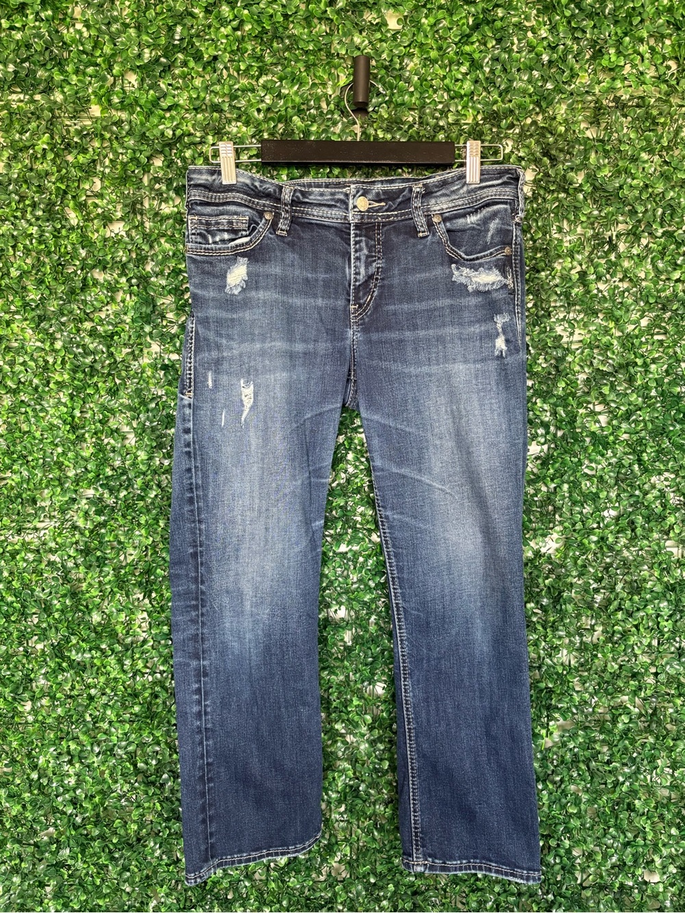 Silver Jeans Women's Boot Cut Jeans - Faded Dark Blue with Distress